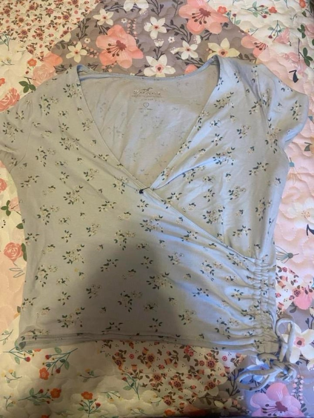 Hollister baby blue Floral Wrap-Style Short Sleeve Top